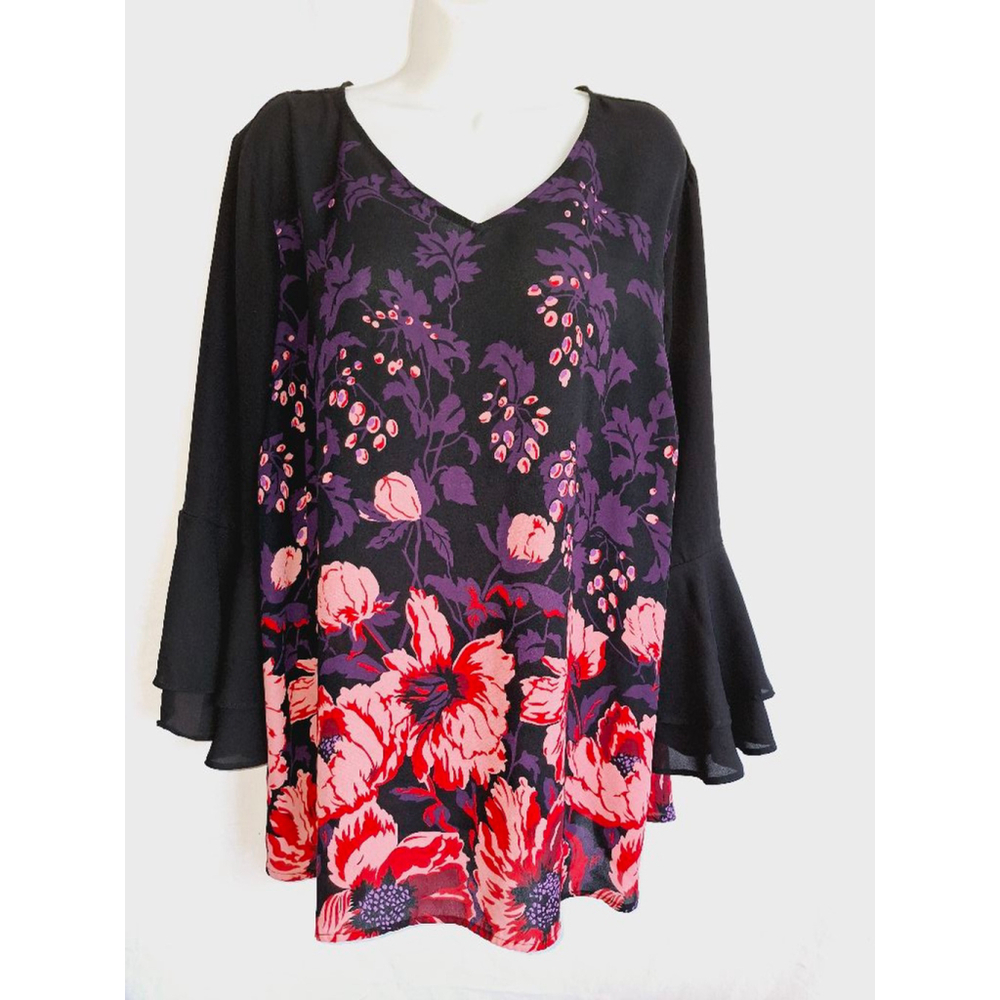 Liz Claiborne Black & Red sz 2X v neck floral bell sleeves blouse